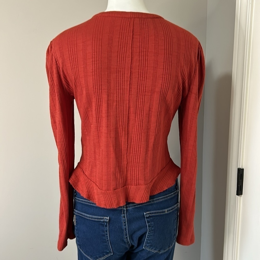 Pilcro Anthropologie Rust Red Button Up Ribbed Puff Sleeve Cardigan Top Sz S - Picture 8 of 15